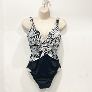 Caribbean Joe | Slimshaper Womens Sz 8 One‎ Piece Swimsuit Black White Tropical
